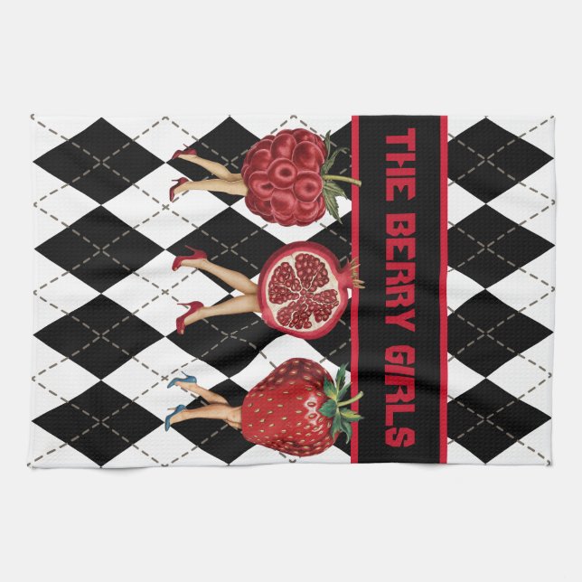 Red Berries Cartoon Ladies On Black & White Plaid Tea Towel (Horizontal)