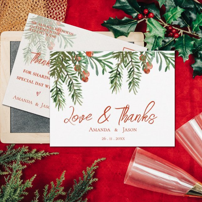 Red Berries Christmas Festive Wedding Thank You Postcard (Red Berries Christmas Festive Wedding Thank You Postcard)