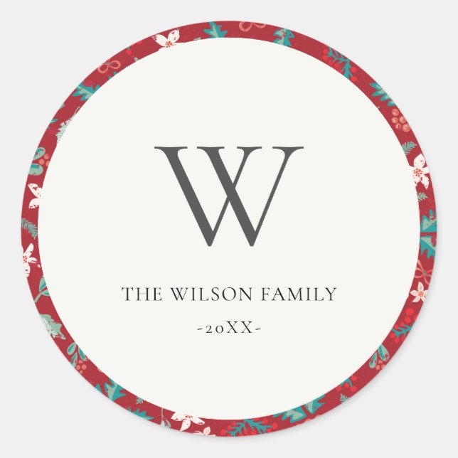 Red Berries Christmas Floral Pattern Monogram Classic Round Sticker (Front)