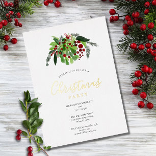 Red Berries Christmas Party Gold Foil Holiday Card