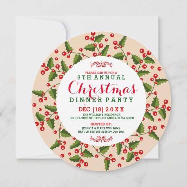 Red Berries Christmas Wreath Party Invitation (Back)