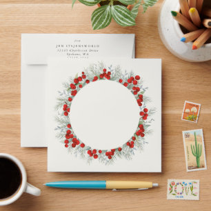 Red Berries Christmas Wreath Return Address Square Envelope