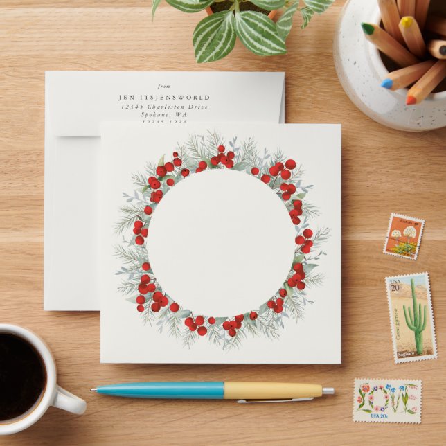 Red Berries Christmas Wreath Return Address Square Envelope (Desk)