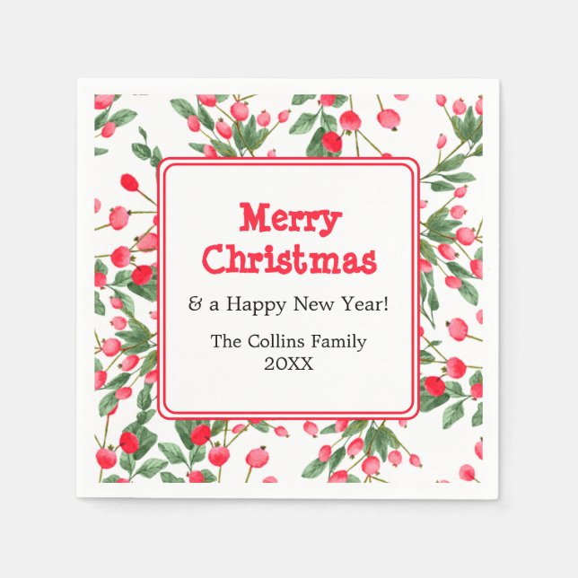 Red Berries | Custom Greeting | Merry Christmas Napkin (Front)