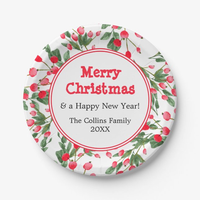 Red Berries | Custom Greeting | Merry Christmas Paper Plate (Front)