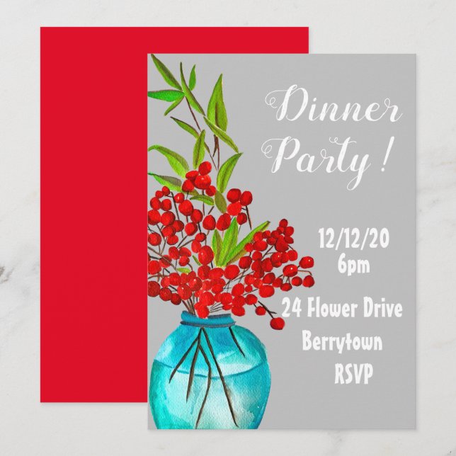 Red Berries elegant dinner party Invitation (Front/Back)