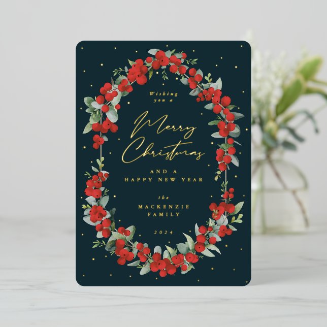 Red Berries + Eucalyptus Botanical Frame Christmas Foil Holiday Card (Standing Front)