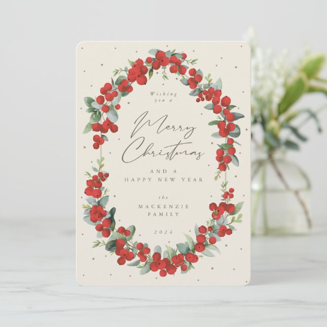 Red Berries + Eucalyptus Botanical Frame Christmas Holiday Card (Standing Front)