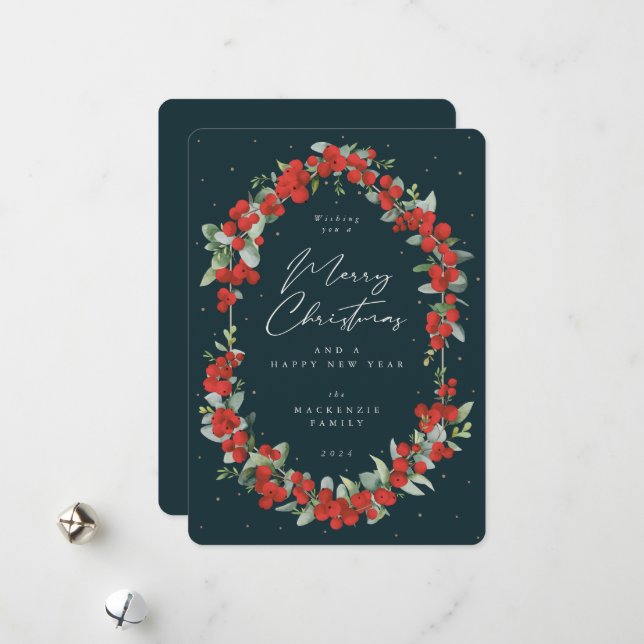 Red Berries + Eucalyptus Botanical Frame Christmas Holiday Card (Front/Back In Situ)