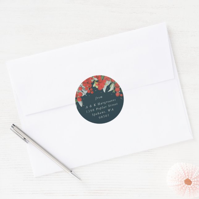 Red Berries + Eucalyptus Christmas Address Classic Round Sticker (Envelope)