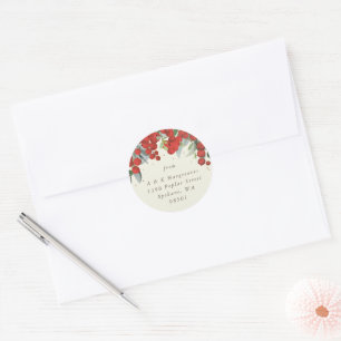 Red Berries + Eucalyptus Christmas Address Classic Round Sticker