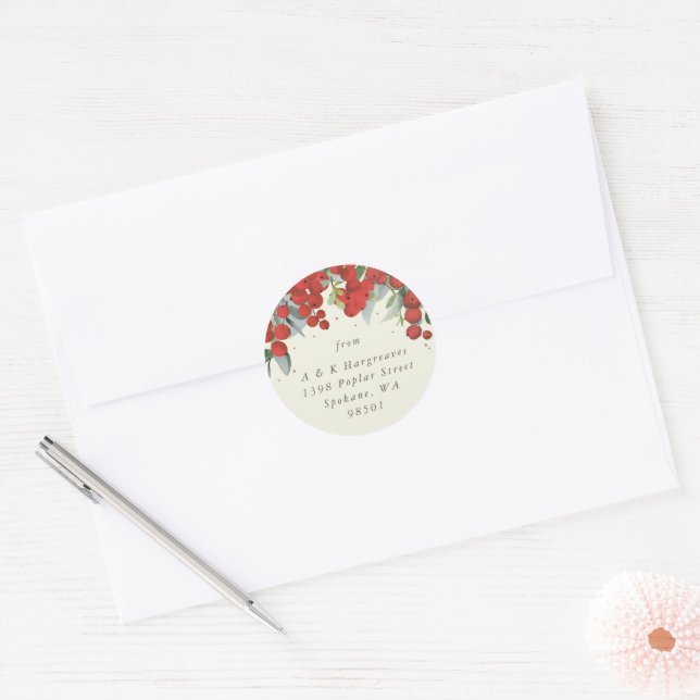 Red Berries + Eucalyptus Christmas Address Classic Round Sticker (Envelope)