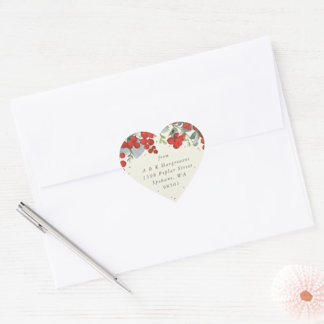 Red Berries + Eucalyptus Christmas Address Heart Sticker (Envelope)