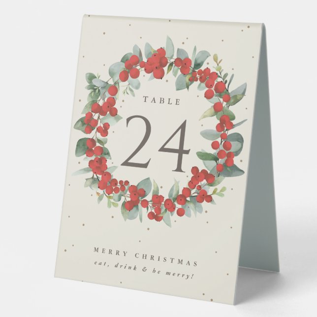 Red Berries+Eucalyptus Christmas Table Number (Front)