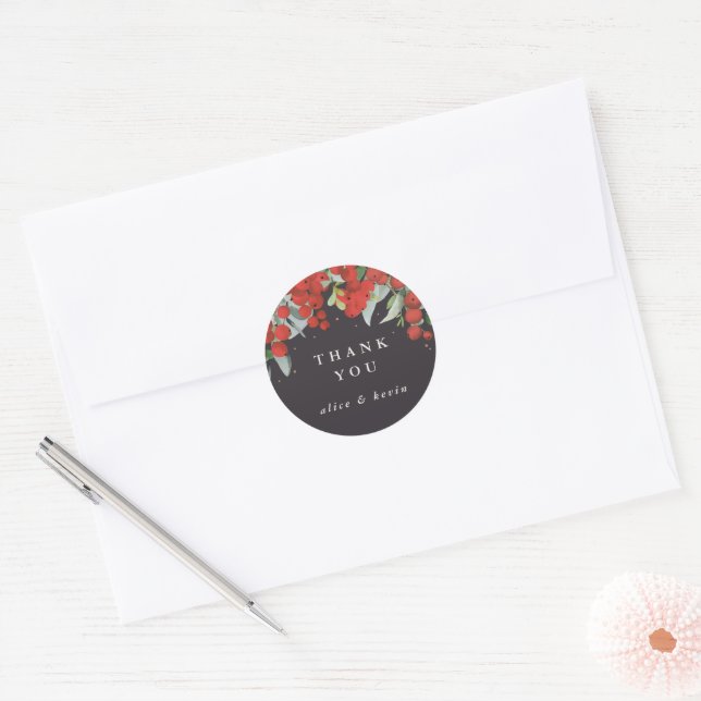 Red Berries + Eucalyptus Christmas Thank You Classic Round Sticker (Envelope)