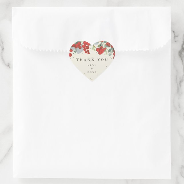 Red Berries + Eucalyptus Christmas Thank You Heart Sticker (Bag)