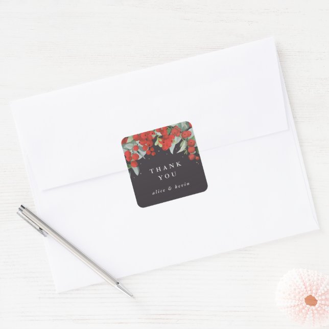 Red Berries + Eucalyptus Christmas Thank You Square Sticker (Envelope)