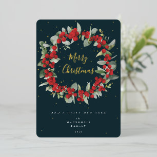 Red Berries+Eucalyptus Christmas Wreath Non-Photo Foil Holiday Card