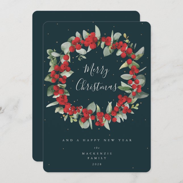 Red Berries+Eucalyptus Christmas Wreath Non-Photo Holiday Card (Front/Back)