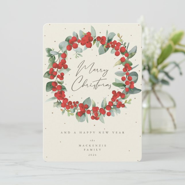 Red Berries+Eucalyptus Christmas Wreath Non-Photo Holiday Card (Standing Front)