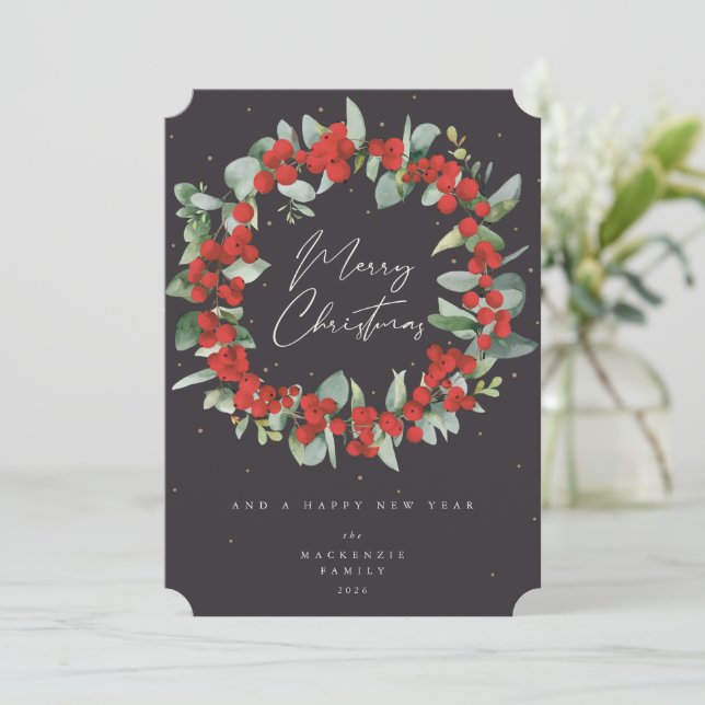 Red Berries+Eucalyptus Christmas Wreath Non-Photo Holiday Card (Standing Front)