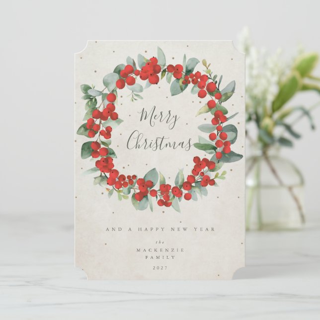 Red Berries+Eucalyptus Christmas Wreath Non-Photo Holiday Card (Standing Front)