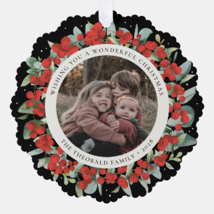 Red Berries + Eucalyptus Christmas Wreath Photo Tree Decoration Card