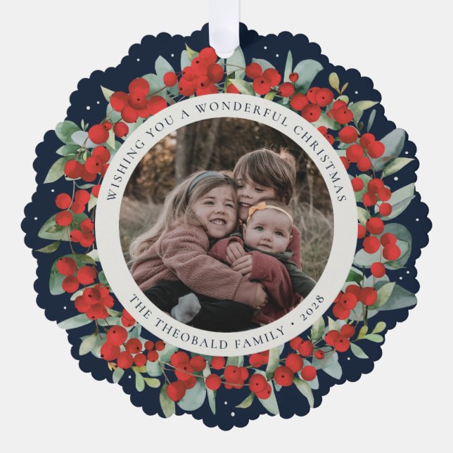 Red Berries + Eucalyptus Christmas Wreath Photo  Tree Decoration Card (Front)