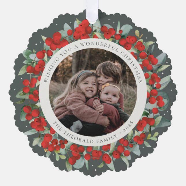 Red Berries + Eucalyptus Christmas Wreath Photo  Tree Decoration Card (Front)