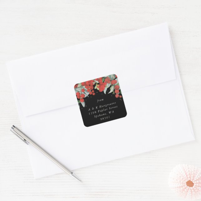 Red Berries + Eucalyptus Holiday Address Classic Square Sticker (Envelope)