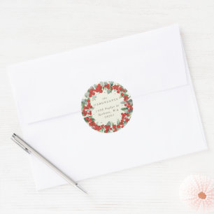 Red Berries + Eucalyptus Holiday Wreath Address Classic Round Sticker