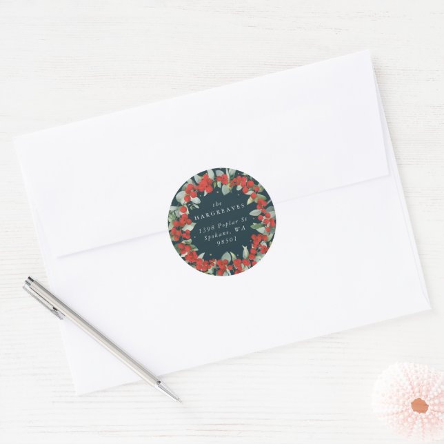 Red Berries + Eucalyptus Holiday Wreath Address Classic Round Sticker (Envelope)