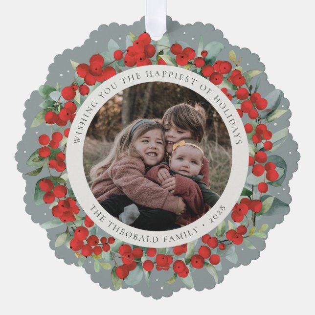 Red Berries + Eucalyptus Holiday Wreath Photo  Tree Decoration Card (Front)