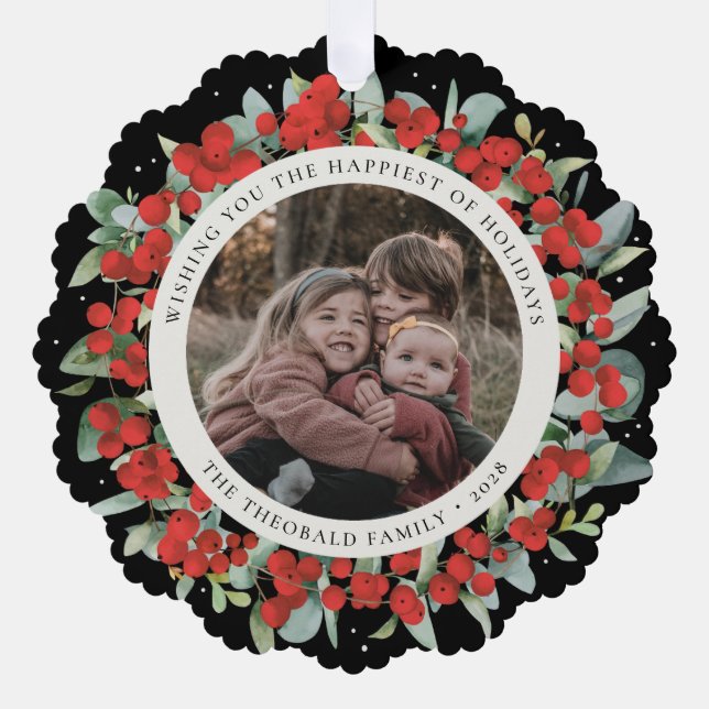 Red Berries + Eucalyptus Holiday Wreath Photo  Tree Decoration Card (Front)