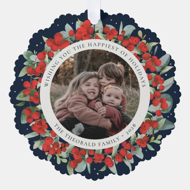 Red Berries + Eucalyptus Holiday Wreath Photo  Tree Decoration Card (Front)