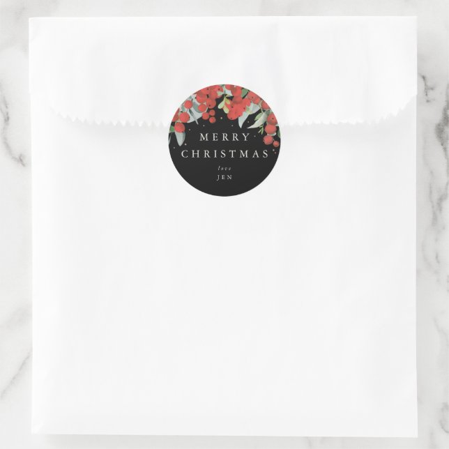 Red Berries + Eucalyptus Merry Christmas/Custom Classic Round Sticker (Bag)