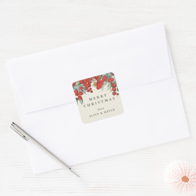 Red Berries+Eucalyptus Merry Christmas/Custom Square Sticker (Envelope)