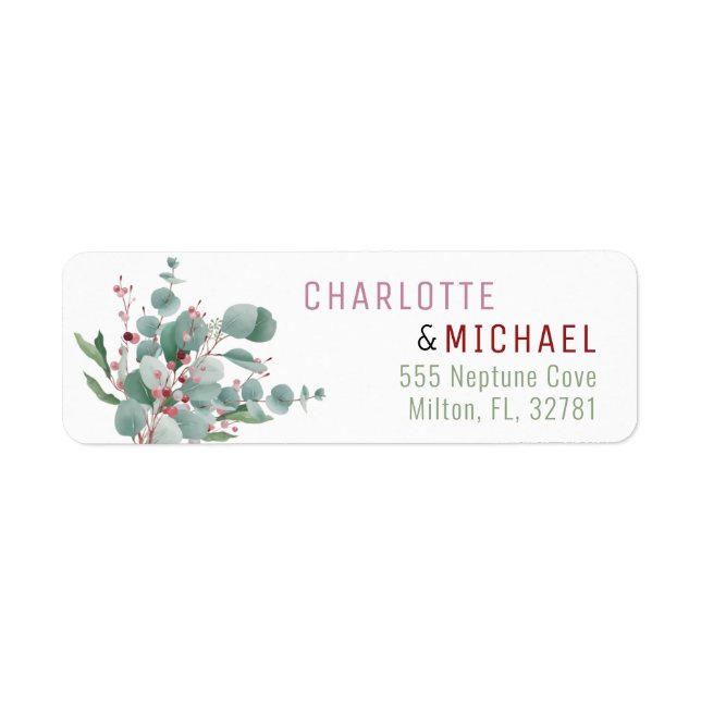 Red Berries & Eucalyptus Wedding Address Label (Front)