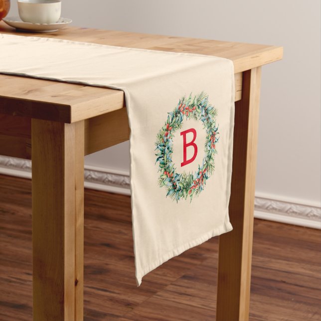 Red Berries & Evergreens Christmas Wreath 2 Medium Table Runner (In Situ)