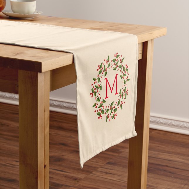 Red Berries & Evergreens Christmas Wreath Medium Table Runner (In Situ)