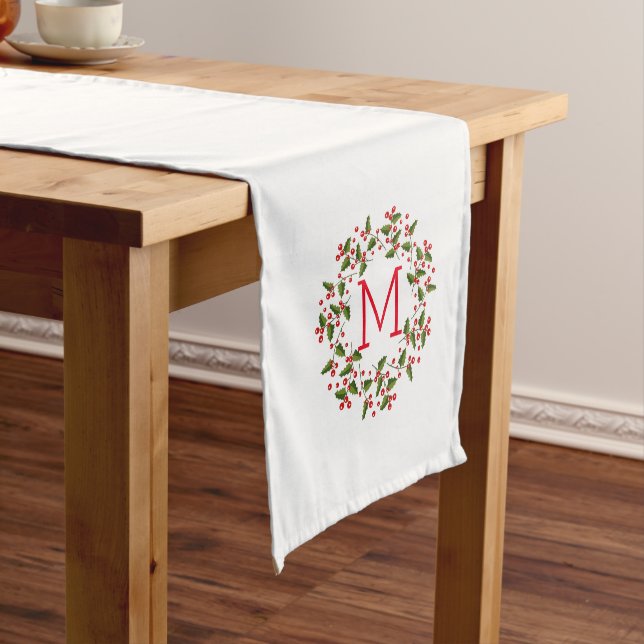 Red Berries & Evergreens Christmas Wreath On White Medium Table Runner (In Situ)