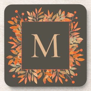 Red Berries & Fall Leaves Brown Monogram Coaster