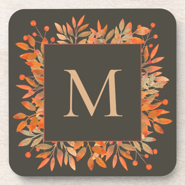 Red Berries & Fall Leaves Brown Monogram Coaster (Front)