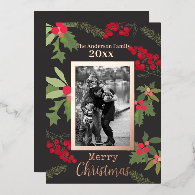 Red Berries Family Photo Christmas Holiday Card (Front/Back)