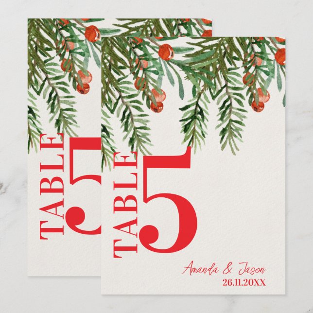 Red Berries Festive Christmas Wedding Table Number (Front/Back)