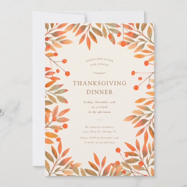 Red Berries & Gold Leaves Thanksgiving Dinner Invitation (Front)