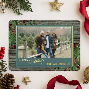 Red Berries Green Holly Botanical Foliage Gold Foil Holiday Card