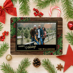 Red Berries Green Holly Botanical Foliage Gold Foil Holiday Card