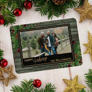 Red Berries Green Holly Botanical Foliage Gold Foil Holiday Card