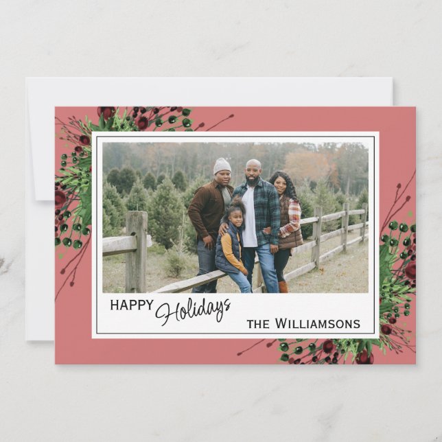 Red Berries Green Holly Botanical Foliage On Pink Holiday Card (Front)